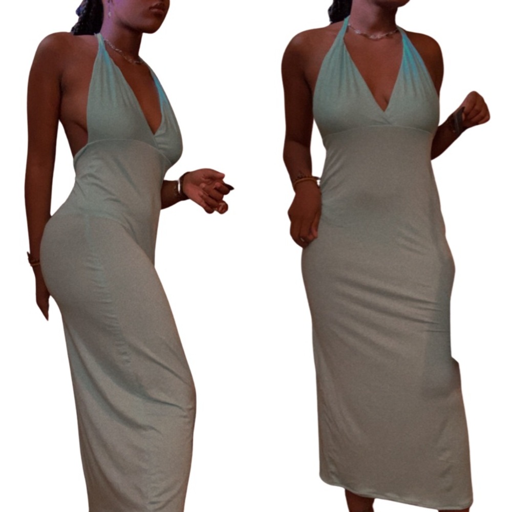 Backless halter V neck body con dress